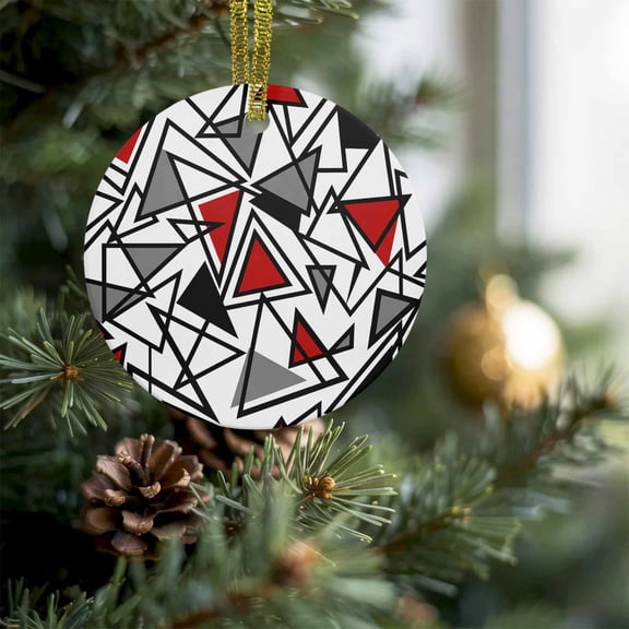 Red Black Geometric Triangle Christmas Ceramic Ornament 2026,3" Round Xmas Tree Hanging Accessories with Gold Ribbon,Modern Abstract Style Pendant Ornaments for Holiday Gift Home Party Decor