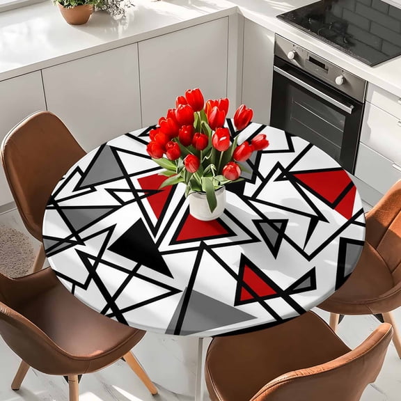 Red Black Geometric Triangle Round Fitted Tablecloth with Elastic Edge,Waterproof Table Cloth Fits Tables Up to 36"-44",Wipeable Washable Table Cover for Indoor Outdoor Dinning,Modern Abstract Style