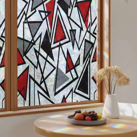 Red Black Geometric Triangle Window Privacy Film,Heat Control Sun Blocking Static Cling Rainbow Film,Modern Abstract Style Non-Adhesive Glass Sticker Door Window Tint,17.7" x 39.3"