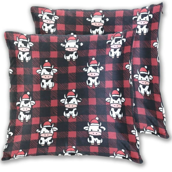 Red Black Gingham Plaids Christmas Cartoon Cow Throw Pillow Covers Pillowcases 18 x 18 Inch Home Decor 2 Packs for Bedroom Sofa