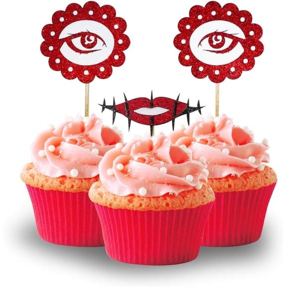 Red & Black Glitter Gothic Eye and Lips Cupcake Toppers, 12PCS Spooky Horror Silhouette Cupcake Picks for Gothic Halloween Adult Party Cake Decorations