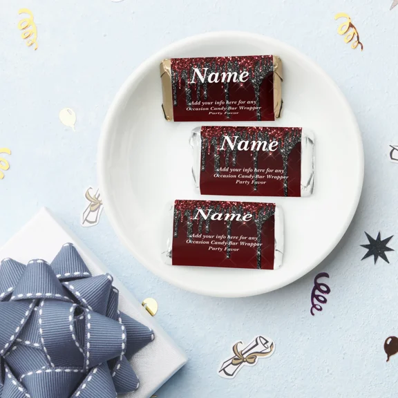 Red Black Glitter Print Personalized Favors, Miniatures Candy Bar 45 Labels