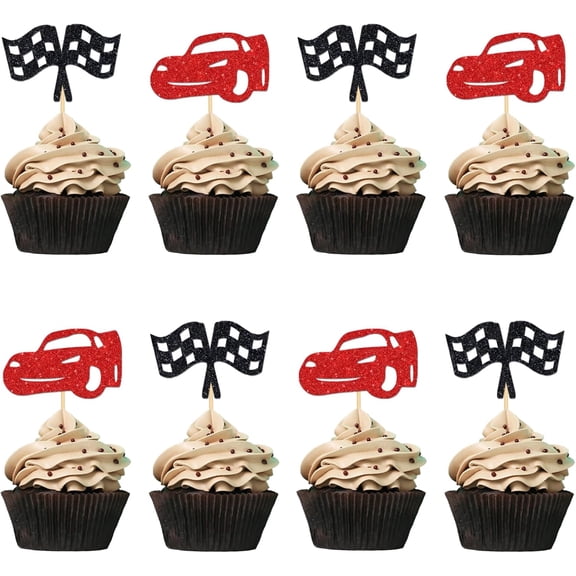 Red Black Glitter Race Car Checkered Flag Cupcake Toppers, Racing Cupcake Picks for Race Car Themed Birthday Party Decorations, 12Pcs