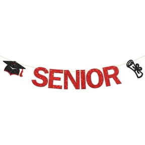 Red Black Glitter SENIOR Banner with Graduation Cap & Diploma Cutouts Class of Senior Year Graduation Party Photo Booth Banner Sign