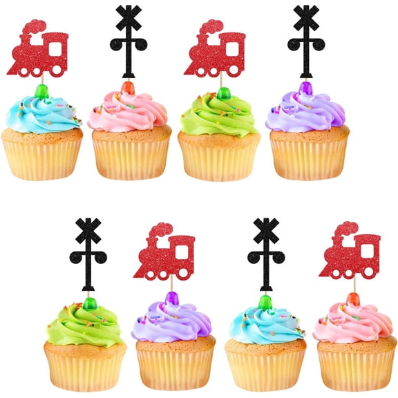 Red Black Glitter Train Railroad Crossing Sign Cupcake Toppers 12PCS Train Themed Kids Birthday Party Cupcake Picks Cake Decorations