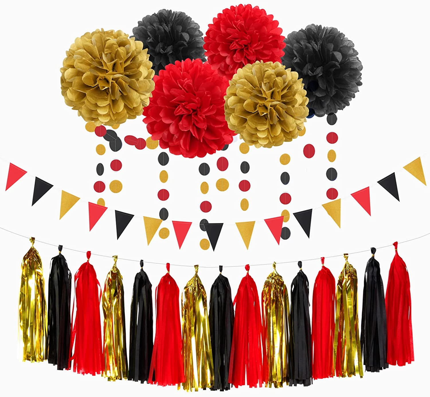Red-Black Gold Casino-Theme Graduation Party-Decorations - 23pcs Kits Game Night Streamer Tissue Paper Pom Poms,Tassel Garland Banner,Birthday Wedding Baby Bridal Shower Decor