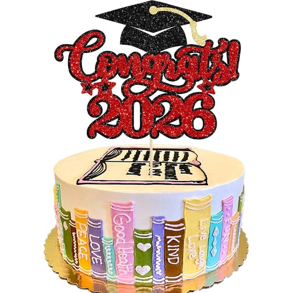 Red & Black & Gold Glitter Congrats 2026 Graduation Cake Topper, Single Piece Grad Cap Star Cursive Design DoubleSided 2026 Graduation Party Cake Decor for Graduates Supplies