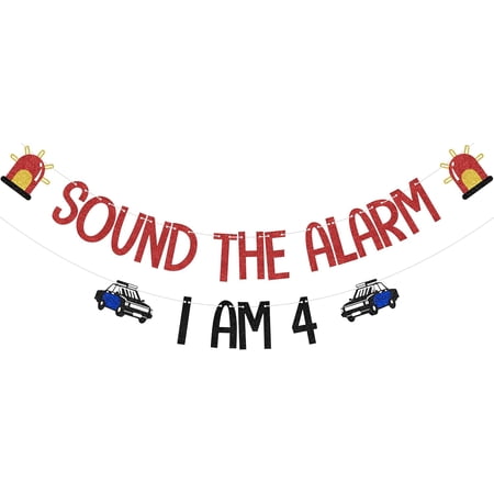 Red Black Gold Glitter Sound The Alarm I Am 4 Banner with Police Car & Emergency Light Cutouts, Police Cop Themed 4th Birthday Party Supplies