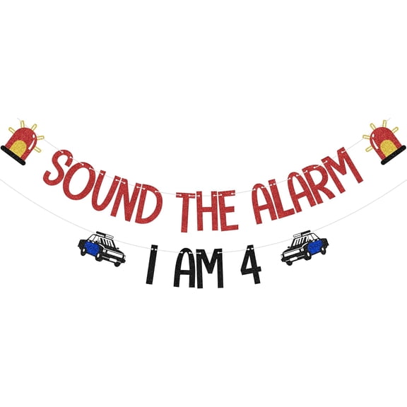 Red Black Gold Glitter Sound The Alarm I Am 4 Banner with Police Car & Emergency Light Cutouts, Police Cop Themed 4th Birthday Party Supplies