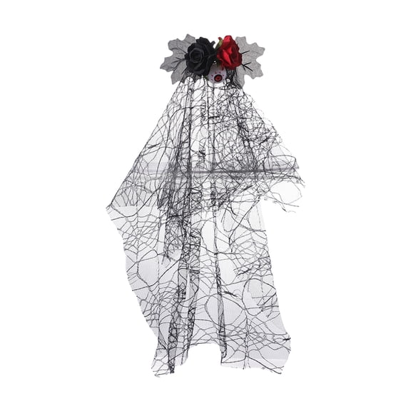 Red and Black Gothic Headband with Veil Artificial Roses Spooky Halloween Decor for Women Halloween Accessory for Halloween Party Adult Events 21 X 10 Inch