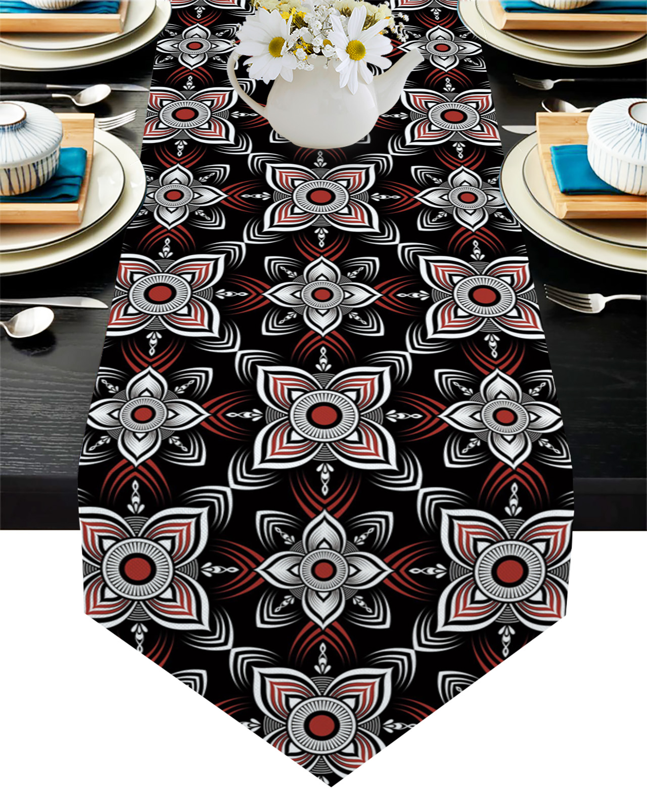 Rustic Modern Table Runner Red Black Gradient Abstract Flowers Table Runners For Wedding Party ...
