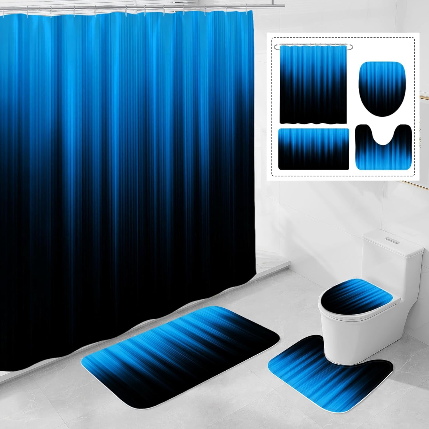 Red and Black Gradient Shower Curtain Set with Rugs and Toilet Lid Cover, Modern Simple Waterproof Fabric Bathroom Set, Ombre Stripe Gothic Abstract Bathroom Decor Set Accessories