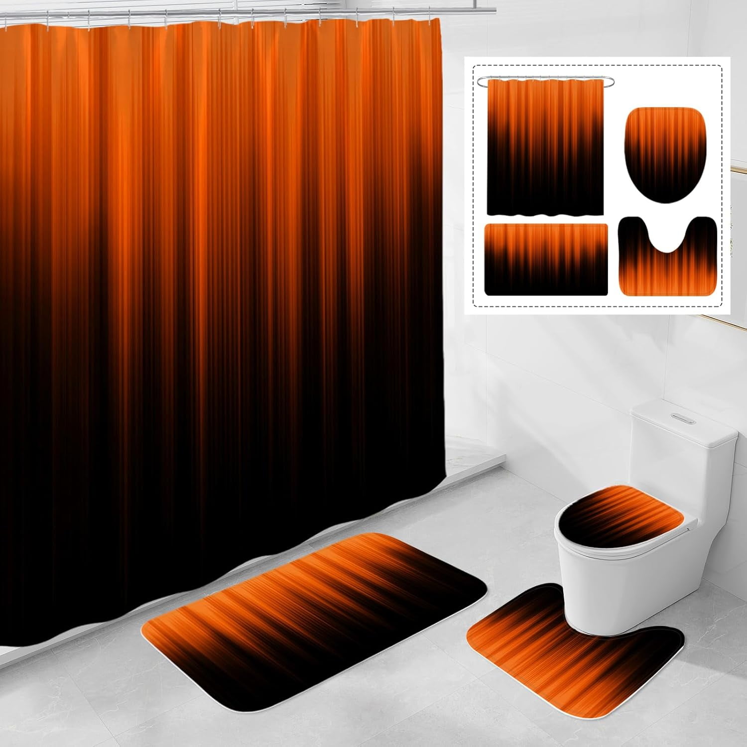 Red and Black Gradient Shower Curtain Set with Rugs and Toilet Lid Cover, Modern Simple Waterproof Fabric Bathroom Set, Ombre Stripe Gothic Abstract Bathroom Decor Set Accessories