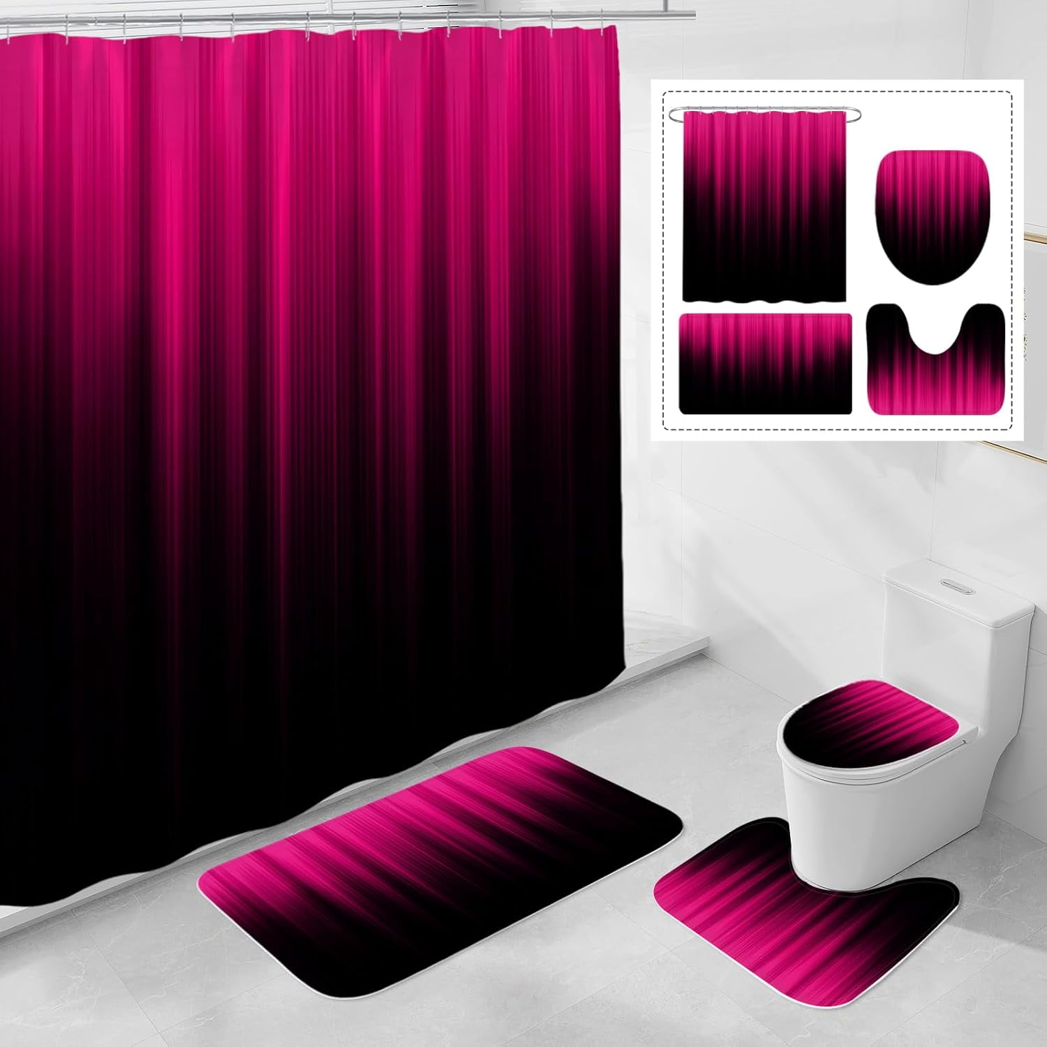 Red and Black Gradient Shower Curtain Set with Rugs and Toilet Lid Cover, Modern Simple Waterproof Fabric Bathroom Set, Ombre Stripe Gothic Abstract Bathroom Decor Set Accessories