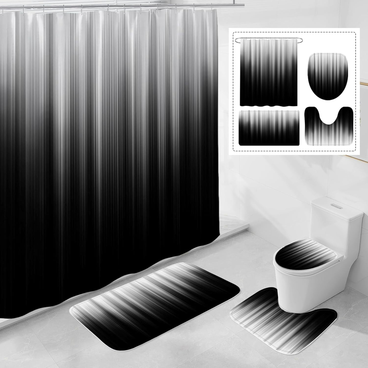 Red and Black Gradient Shower Curtain Set with Rugs and Toilet Lid Cover, Modern Simple Waterproof Fabric Bathroom Set, Ombre Stripe Gothic Abstract Bathroom Decor Set Accessories