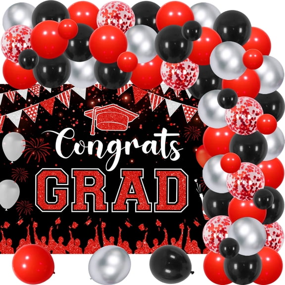 Red and Black Graduation Decorations 2026 Congnats Grad Party Decor Graduation Theme Backdrop Red Black Balloon Arch Garland Kit for High School & College Celebrations Graduation Prom Party Supplies