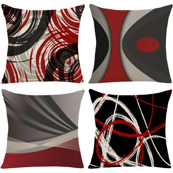 Red Black Grey Abstract Throw Pillow Cover, 18 x 18 Red and Black Pillow Covers, Modern Geometric Decorative Throw Cushion Cover for Bedroom Couch Sofa Living Room Decor Set of 4