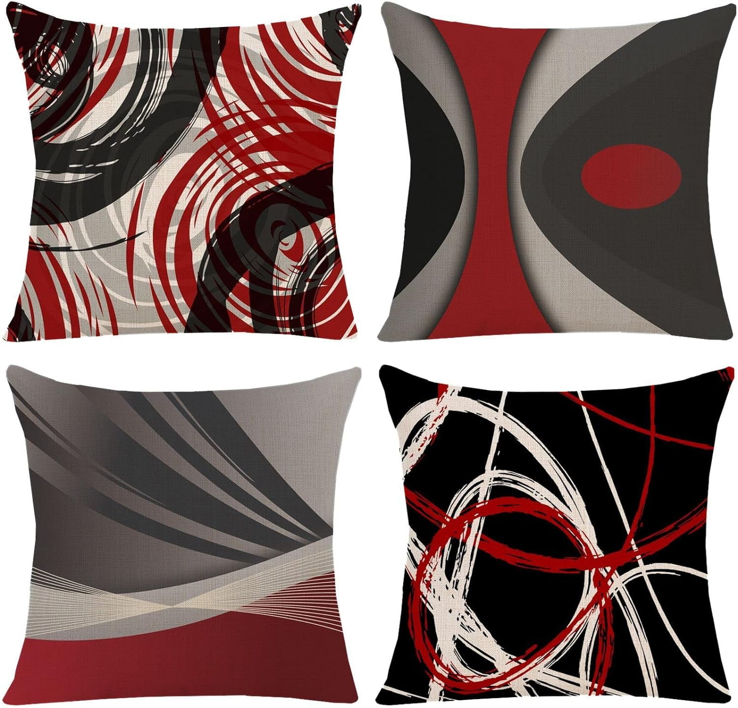 Red Black Grey Abstract Throw Pillow Covers Set of 4 18x18 Inch Modern Geometric Decorative Throw Cushion Cover for Bedroom Couch Sofa Living Room Decor Bold and Contemporary