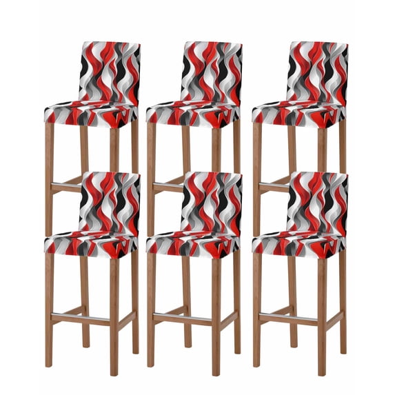Red Black Grey Bar Stool Covers Set of 6, Moire Modern Artwork Abstract Stretch Washable Bar Chair Covers with Backs, Removable Pub Counter Height Chair Cover for Kitchen Dining Room Cafe
