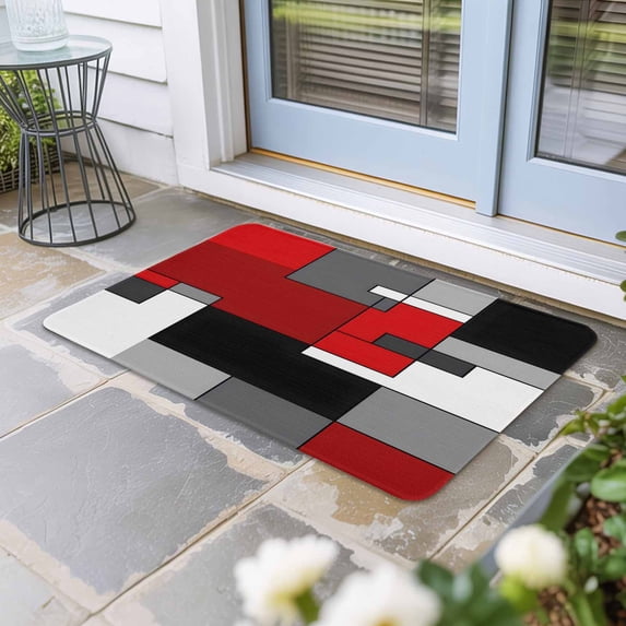 Red Black Grey Door Mat Indoor Outdoor, Geometric Abstract Modern Irregular Non Slip Welcome Mat with Rubber Backing, Absorbent Fabric Front Door Mats Entryway Rug for Home Patio Entrance 24"x36"