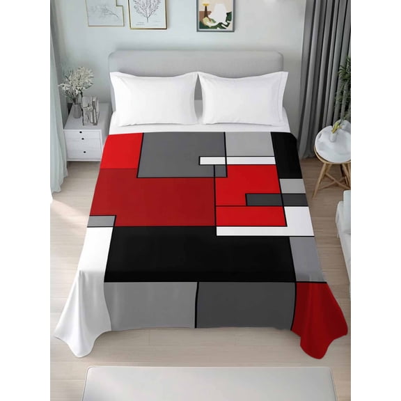 Red Black Grey Full Size Flat Sheet, Wrinkleproof & Fadeproof Cooling Flat Bed Sheet Only, Geometric Abstract Modern Irregular Breathable Soft Bedding Top Sheets 81 x 96 Inches