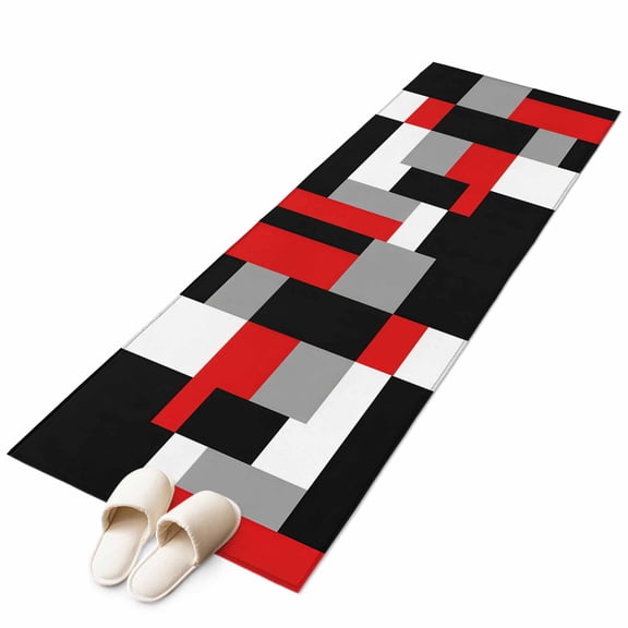 Red Black Grey Geometric 2'x6' Runner Rug, Modern Abstract Art Luxury Washable Non-Slip Area Rugs for Hallway Kitchen Floor Bedroom Entryway, Laundry Carpet Decoration Indoor Mat