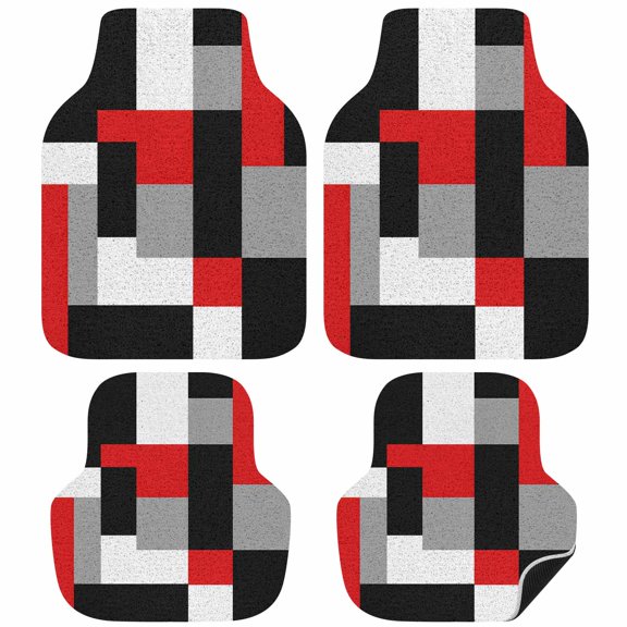 Red Black Grey Geometric Car Floor Mats 4 Pieces, Front & Rear Auto Carpet Mats Full Set with Rubber Backing, Modern Abstract Art Luxury Universal All Weather Car Floor Protectors for SUV Truck Van