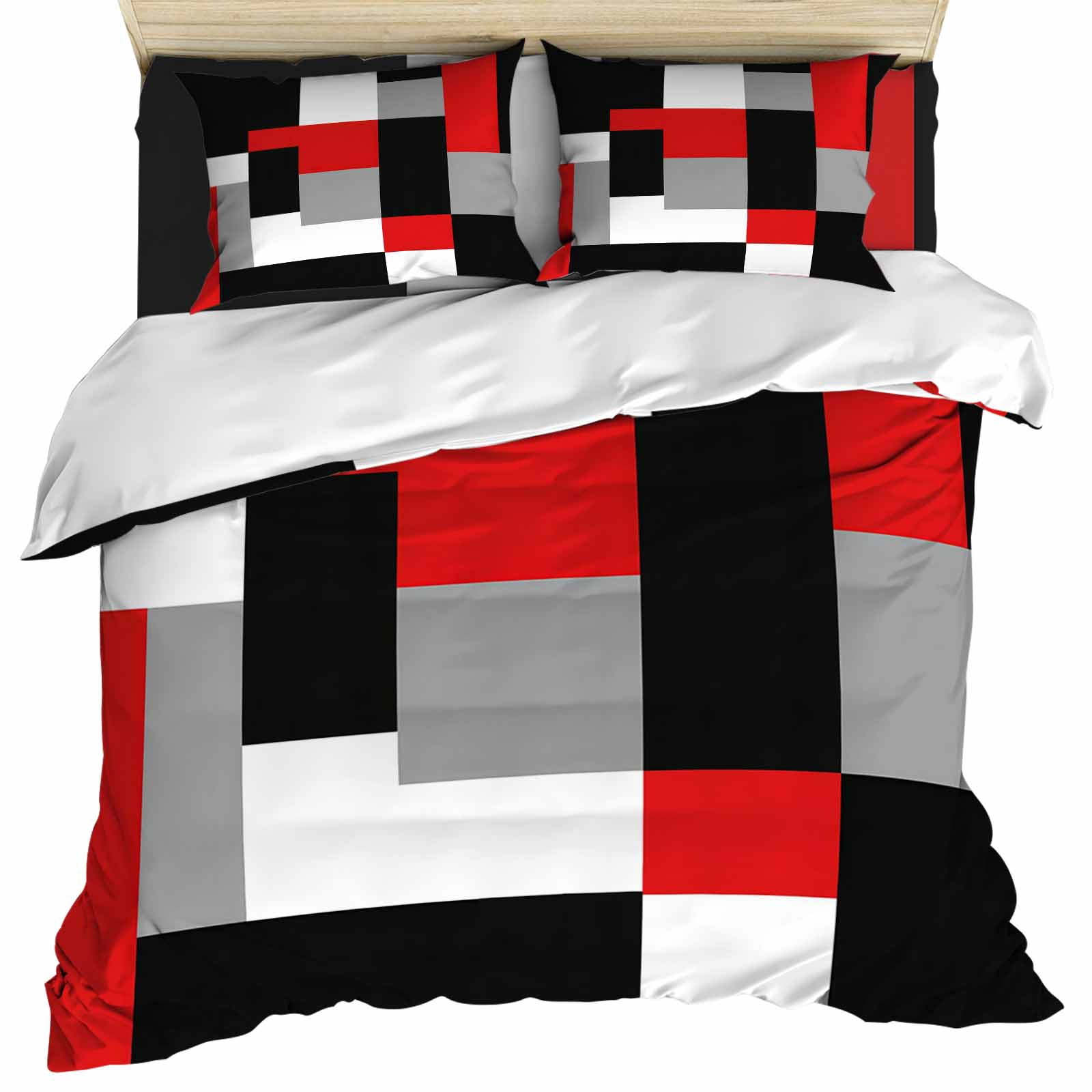 Red Black Grey Geometric Duvet Cover Set, Modern Abstract Art Luxury Soft Duvet Cover Queen Size Bedding Set 4 Pieces, 1 Quiltcover and 2 Pillowcases with Zipper, 1 Bed Sheet for All Seasons