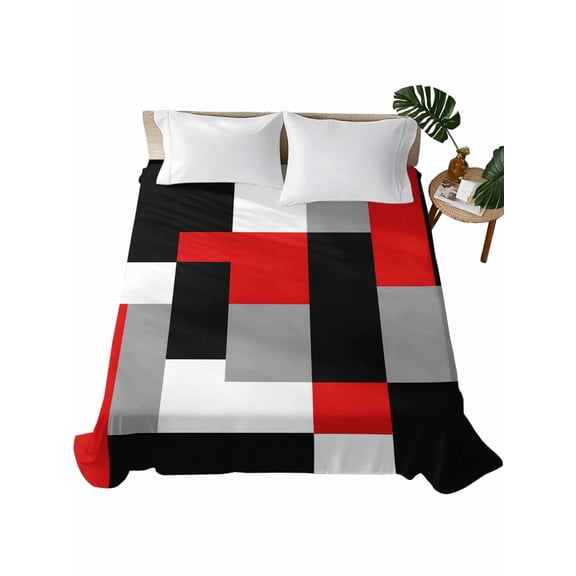 Red Black Grey Geometric Flat Sheets Only King Size, Soft Breathable Bed Top Sheets for Mattress, Modern Abstract Art Luxury Luxury Bedding Flat Sheets for Home Hotel Bedroom Bed Protection