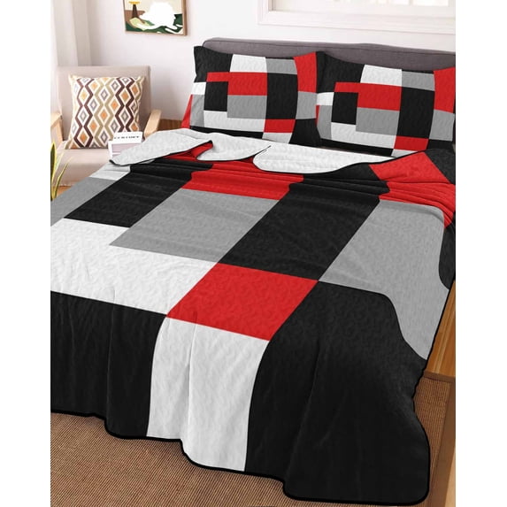 Red Black Grey Geometric Full Size Down Alternative Comforter, Lightweight Comforter Quilt Bedding Set with Pillow Shams Modern Abstract Art Luxury All Seasons Bed Comforter Duvet Insert 78"x90"