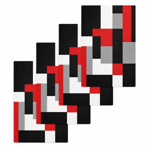 Red Black Grey Geometric Hand Towels Set, Waffle Weave Kitchen Towels 4 Pieces, Modern Abstract Art Luxury Microfiber Hair Face Bath Tea Towel Absorbent Quick Drying Cleaning Dish Cloths 15.7"x23.6"