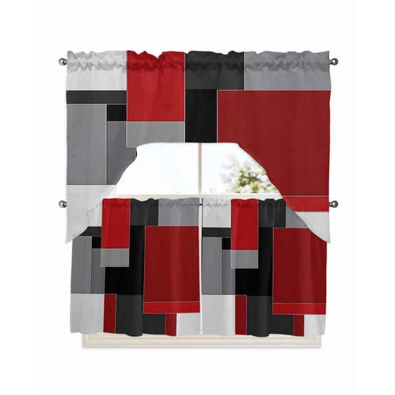 Red Black Grey Geometric Kitchen Curtain and Valance Set 3 Pieces,Rod Pocket Short Tier Curtains 24 Inch Length,Abstract Modern Irregular Swag Topper Small Window Treatment for Cafe Bathroom Bedroom