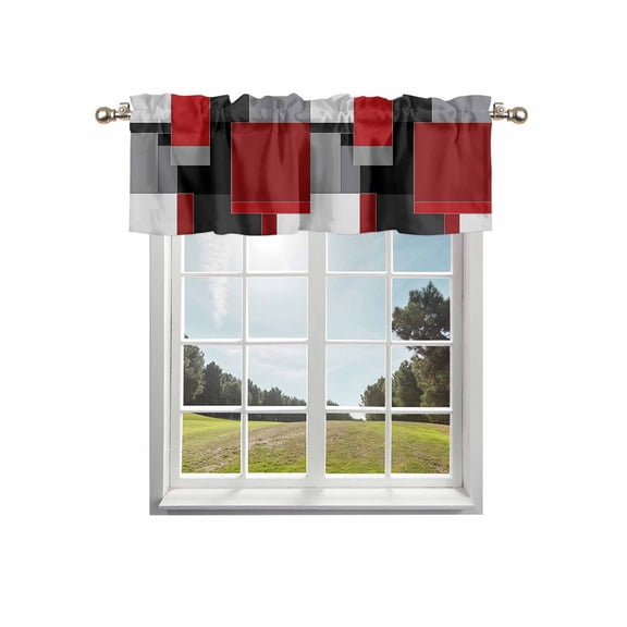 Red Black Grey Geometric Kitchen Curtain Valances for Windows Farmhouse Short Curtains, Abstract Modern Irregular Rod Pocket Valance Curtain for Bedroom Cafe Living Room 42"x12"