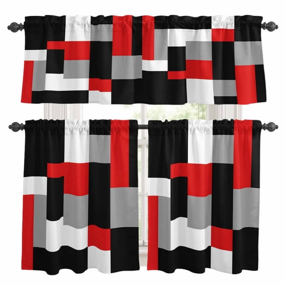 Red Black Grey Geometric Kitchen Curtains Sets for Windows 24 Inch Length, Modern Abstract Art Luxury Rod Pocket Window Treatments Tier Curtains and Valances Set for Bedroom/Bathroom