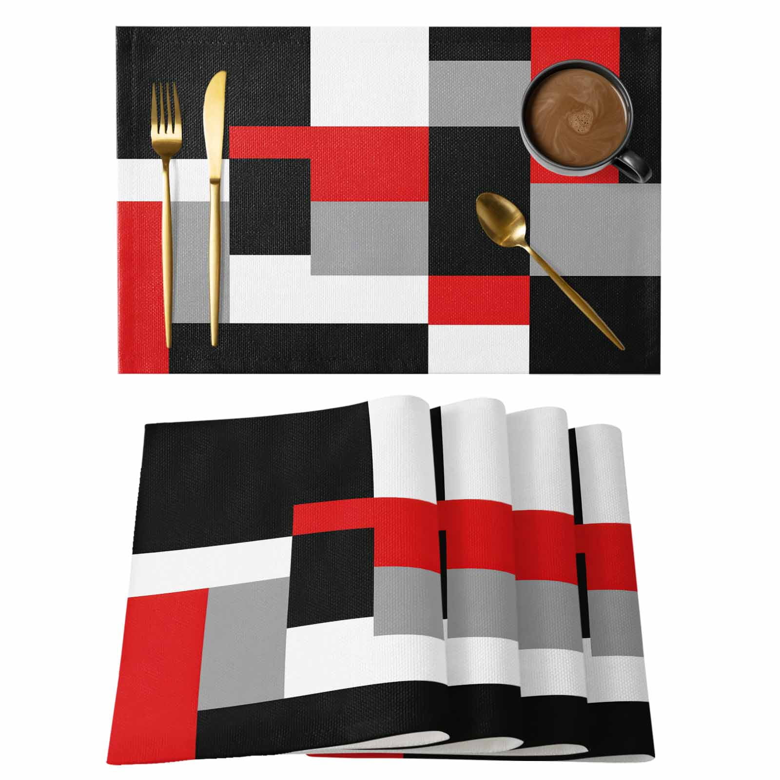 Red Black Grey Geometric Placemats Set of 12, Modern Abstract Art ...