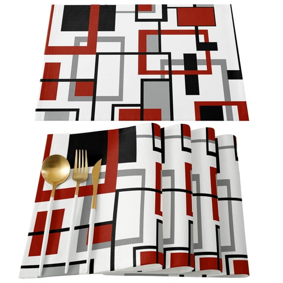 Red Black Grey Geometric Placemats Set of 4, Middle Century Modern Abstract Art Placemats for Dining Table, Place Mats for Kitchen Tabletop, Waterproof Wipeable Dining Table Mats Set