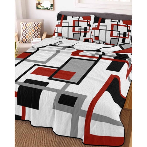 Red Black Grey Geometric Queen Size Down Alternative Comforter,Lightweight Comforter Quilt Bedding Set with Pillow Shams Middle Century Modern Abstract Art Bed Comforter Duvet Insert 90"x96"