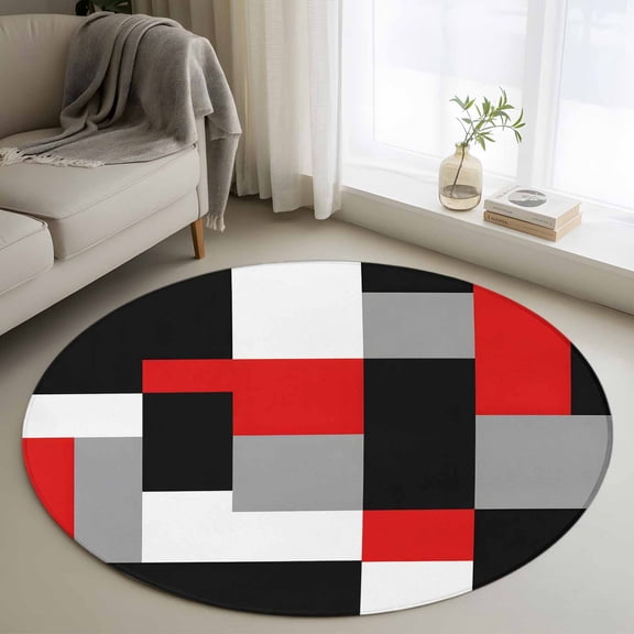 Red Black Grey Geometric Round Area Rug 3.3 FT, Non Slip Small Entryway Kitchen Mat, Modern Abstract Art Luxury Washable Soft Circular Rug Non-Shedding Door Mat for Bathroom Playroom Kids Room