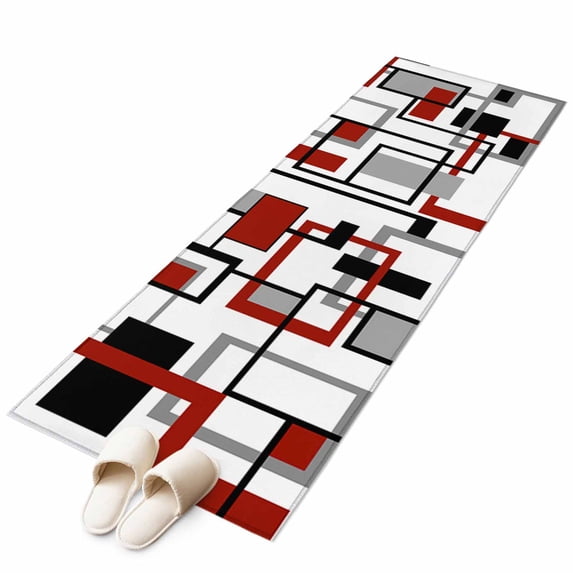 Red Black Grey Geometric Runner Rug 2x6 FT, Non Slip Hallway Carpet, Middle Century Modern Abstract Art Washable Floor Carpet Throw Runner Carpet Long Rug for Entryway Kitchen Bedside Sliding Door