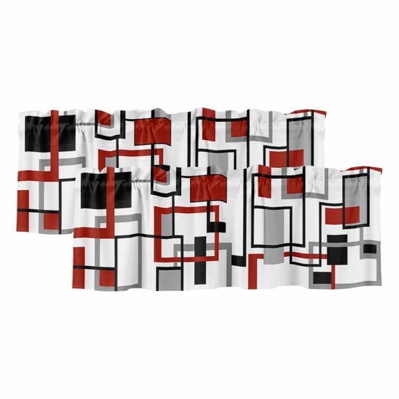 Red Black Grey Geometric Valances for Windows, Middle Century Modern Abstract Art Light Filtering Kitchen Curtains, Rod Pocket Window Valance Curtains for Living Room Bedroom, 42" W x 18" L, 2 Panels