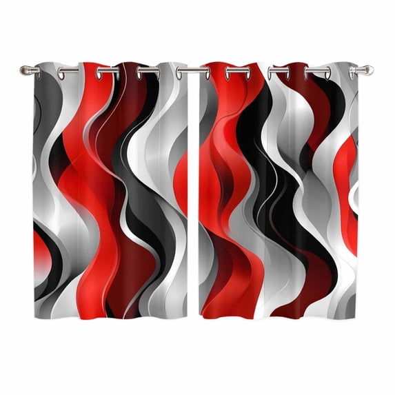 Red Black Grey Kitchen Curtains 63 Inch Length, Geometric Moire Artwork Modern Abstract Grommet Top Bedroom Living Room Curtains, Light Filtering Cafe Curtain Drapes 2 Panels Set 104''x63''