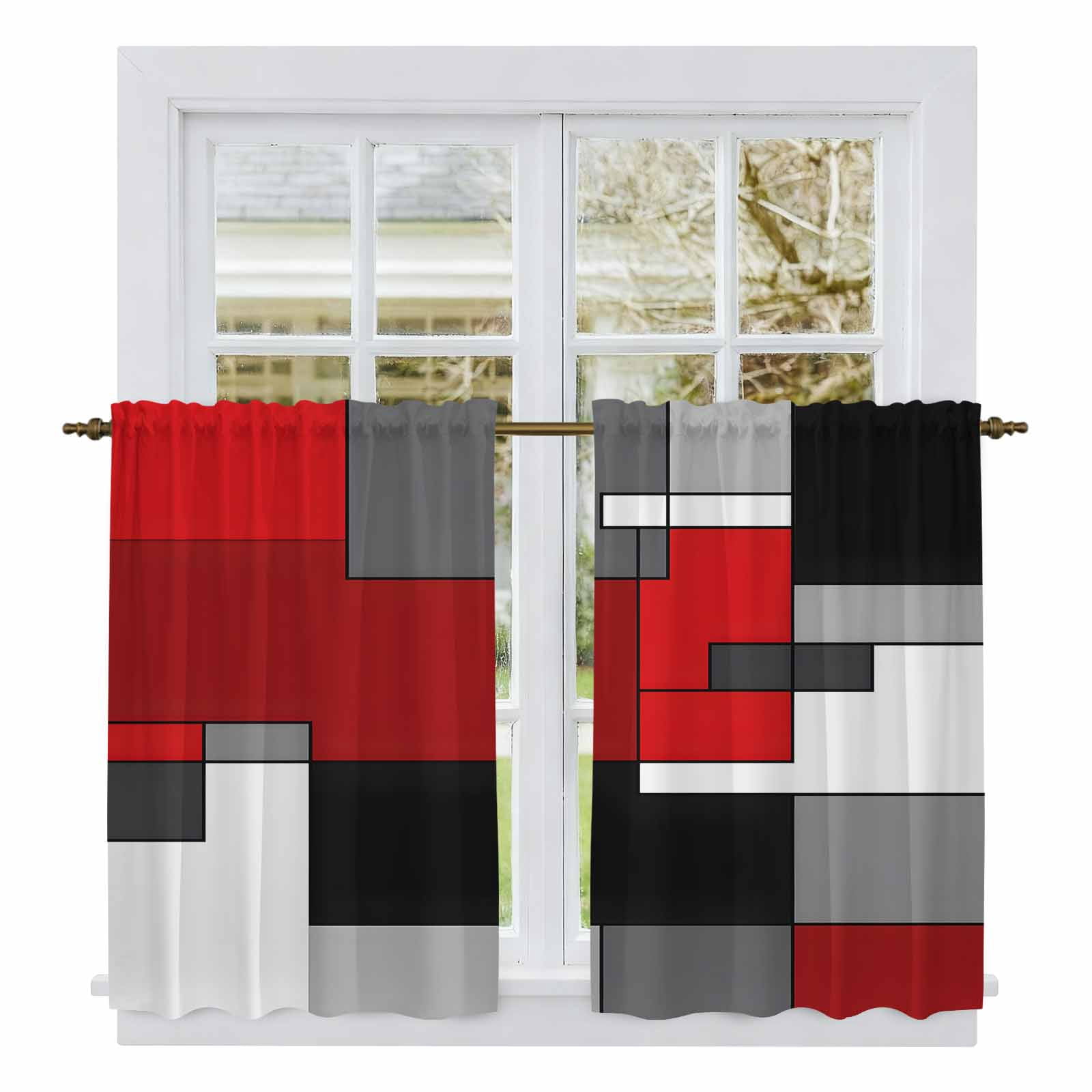 Red Black Grey Kitchen Curtains, Geometric Abstract Modern Irregular ...