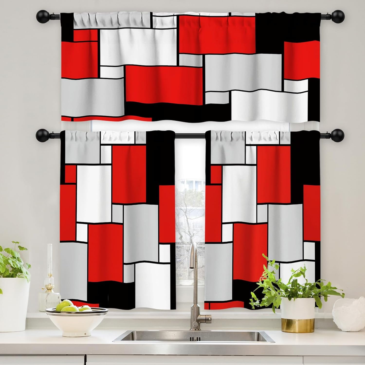 Red Black Grey Kitchen Curtains Set 3 Piece for Windows Curtains ...