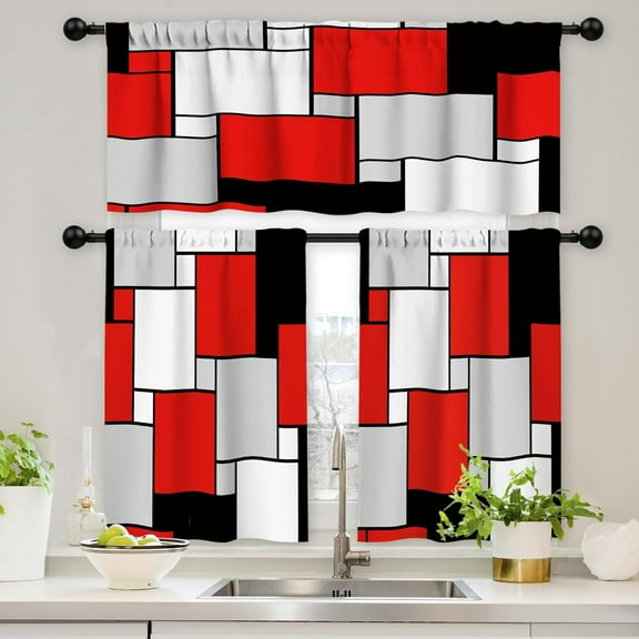 Red Black Grey Kitchen Curtains Set 3 Piece for Windows Curtains Valance and Tier Set 36 Inch Modern Rod Pocket Short Tier Curtain for Bathroom Abstract Cafe Curtains for Living Room Windows