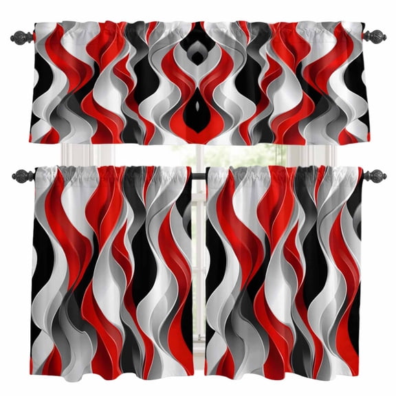 Red Black Grey Kitchen Curtains Sets for Windows 24 Inch Length, Moire Modern Artwork Abstract Rod Pocket Window Treatments Tier Curtains and Valances Set for Bedroom/Bathroom