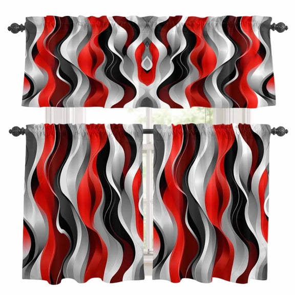 Red Black Grey Kitchen Curtains Sets for Windows 36 Inch Length, Geometric Moire Artwork Modern Abstract Rod Pocket Window Treatments Tier Curtains and Valances Set for Bedroom/Bathroom