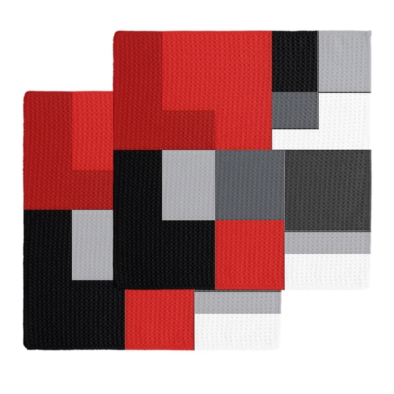 Red Black Grey Kitchen Dish Towels for Drying Dishes Set of 2, Abstract Modern Irregular Geometric Waffle Weave Microfiber Hand Tea Bathroom Towels Quick Dry & Absorbent Towel 12x12