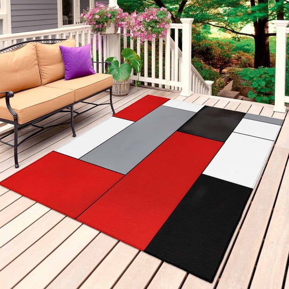 Red Black Grey Outdoor Rug for Patio/Deck/Porch, Non-Slip Large Area Rug 3 x 5 Ft, Modern Irregular Geometric Abstract Indoor Outdoor Rugs Washable Area Rugs, Reversible Camping Rug Carpet Runner
