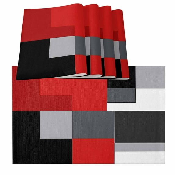 Red Black Grey Placemats for Dinning Table Set of 4, Abstract Modern Irregular Geometric Burlap Kitchen Place Mats Waterproof Cloth Table Mats, Indoor Outdoor Placemats Easy Clean Dinner Decor