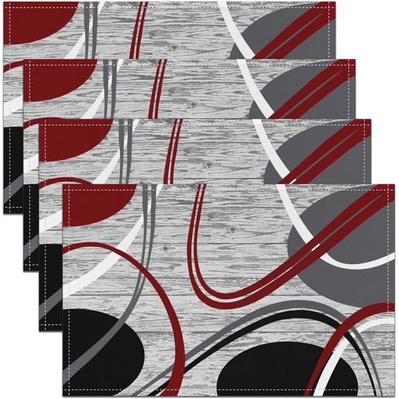 Red Black Grey Placemats Set of 4 12"x18" Modern Wavy Circles Placemats for Dining Table Indoor Outdoor Kitchen Modern Abstract Art Table Mats Placemat Stripe Swirl Decor Table Place Mats